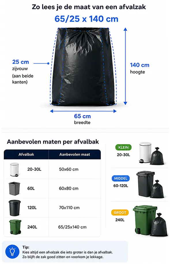 Hoe lees je de maat van een afvalzak?
