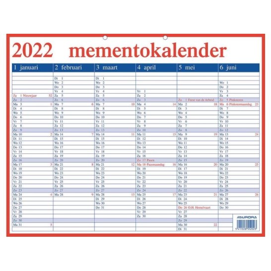 AURORA Mementoplaat Kalender. 420 x 330 mm. Nederlands