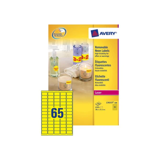 AVERY L7651Y Etiketten 38.1 x 21.2 mm NEON geel (pak 6500 stuks) AVERY L7651Y Etiketten 38.1 x 21.2 mm NEON geel (pak 6500 stuks)