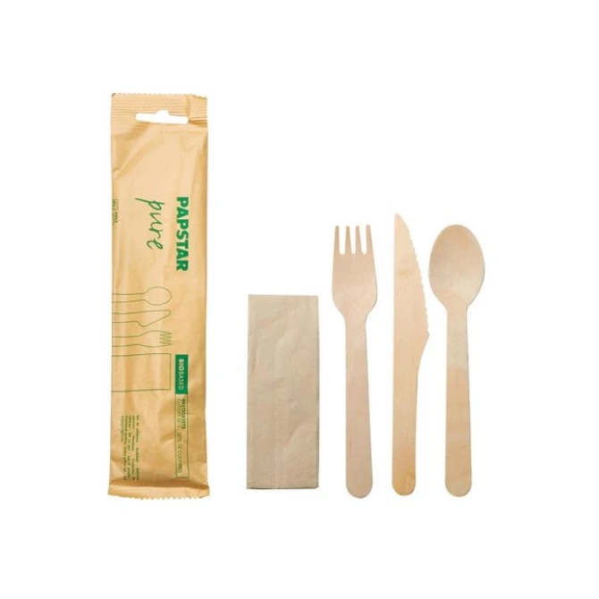 PAPSTAR Houten Bestekset + servet in zak (doos 30 stuks) PAPSTAR Houten Bestekset + servet in zak (doos 30 stuks)