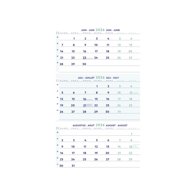Brepols Driemaandskalender. Tafelmodel. 300 x 600 mm. 4 talen.