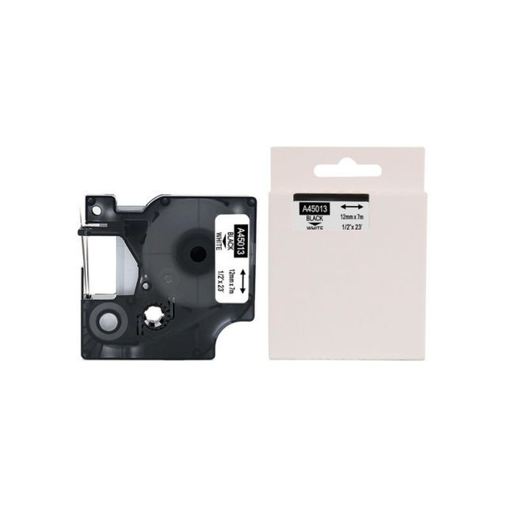 Rose kleur af hebben verkiezing D1 Compatibel Tape 45013 12 mm Zwart op wit (rol 7 meter) - Office1  Kantoorartikelen