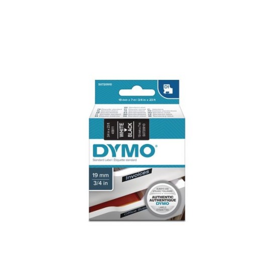 DYMO D1 Labelcassette 19 mm x 7 m Wit op Zwart (doos 5 stuks)