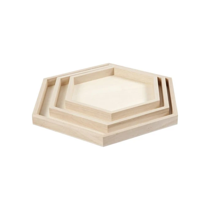 Creotime Dienblad hexagonaal hout (pak 3 stuks)