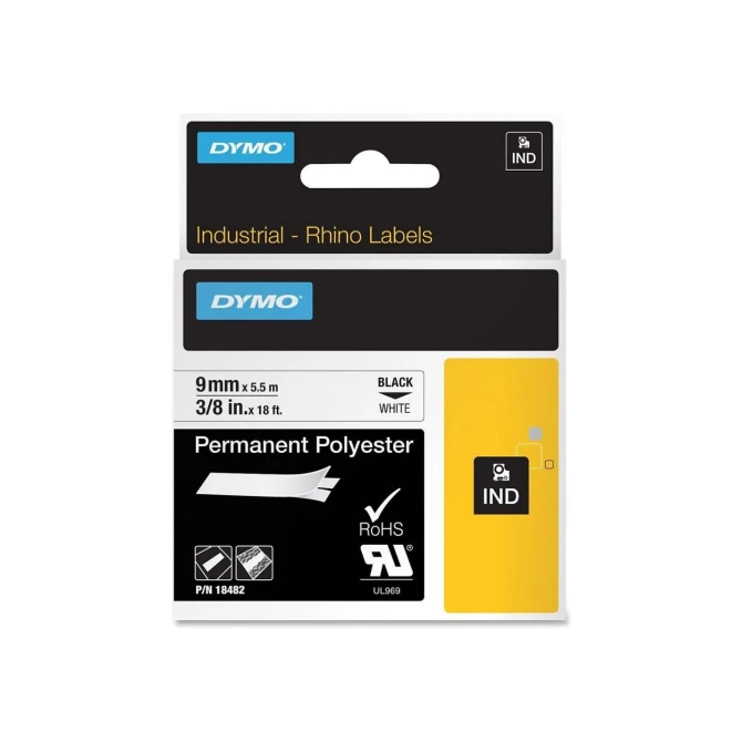 DYMO Dymo S0718240 / 18482 IND Rhino tape permanent polyester zwart op wit 9 mm (origineel)