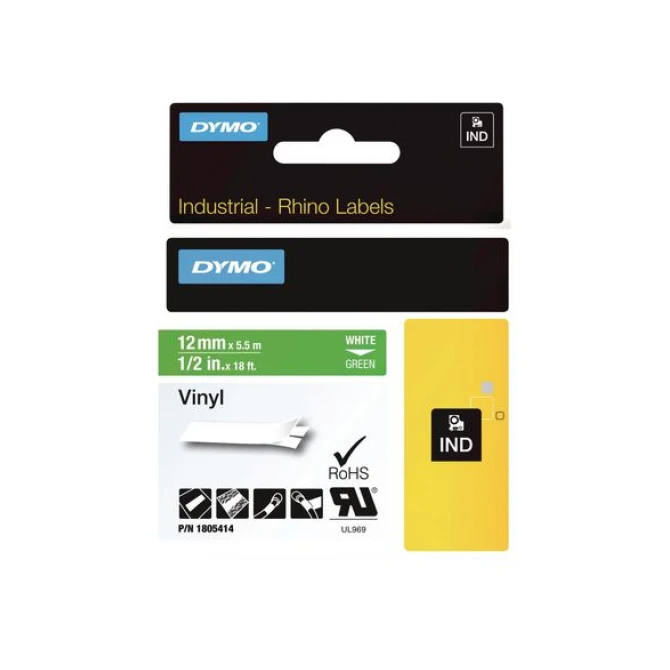 DYMO Rhino Tape Vinyl 12 mm Wit Op Groen