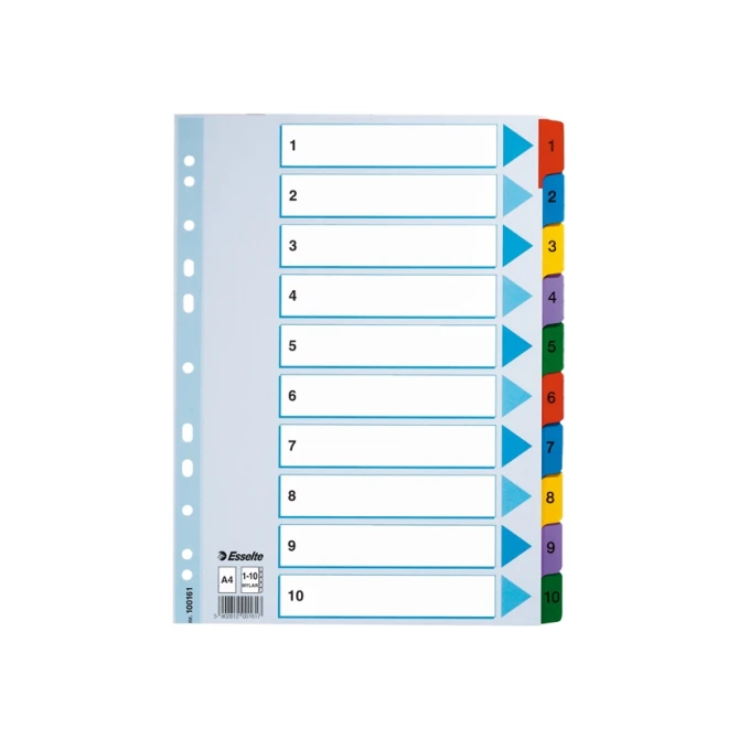 ESSELTE Index tabblad A4 polypropyleen en karton set van 1-10 tabbladen assorti (set 10 vel)
