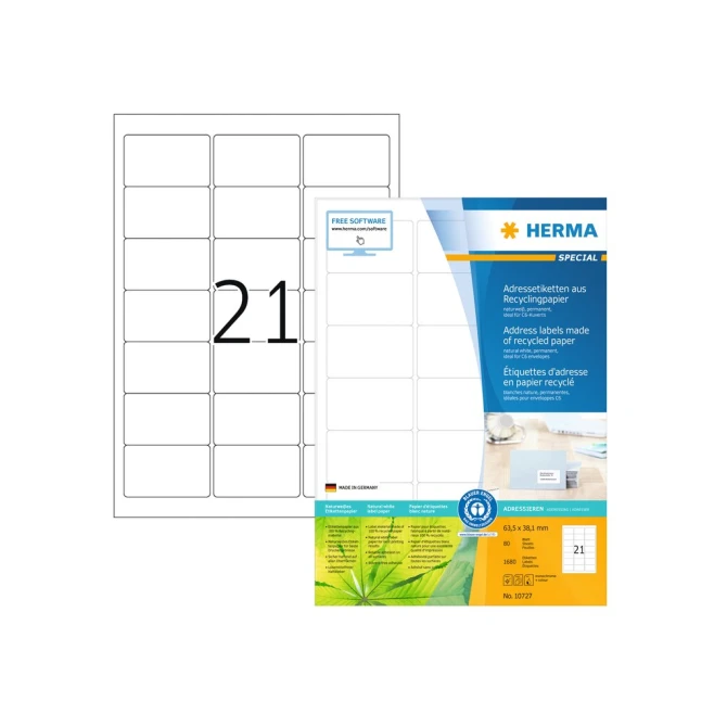 HERMA Etiketten Gerecycled Papier 63.5 x 38.1 mm Wit (1 pak x 1680 stuks) HERMA Etiketten Gerecycled Papier 63.5 x 38.1 mm Wit (1 pak x 1680 stuks)