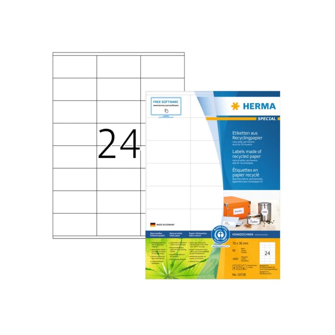 HERMA Etiketten Gerecycled Papier 70 x 36 mm Wit (1 pak x 1920 stuks)