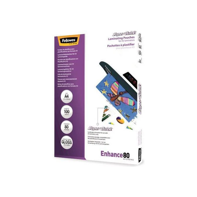 FELLOWES Lamineerhoes A4 216 x 303 mm 2 x 80 micron Glanzend (pak 100 stuks) FELLOWES Lamineerhoes A4 216 x 303 mm 2 x 80 micron Glanzend (pak 100 stuks)
