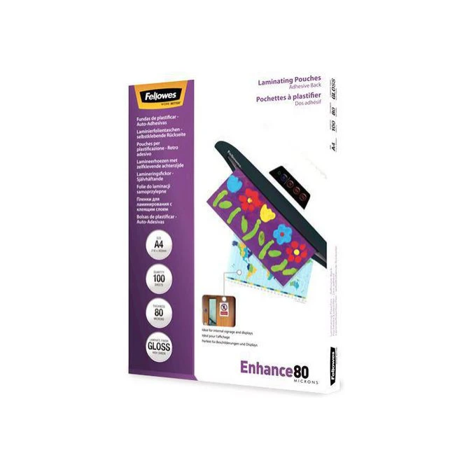 FELLOWES Lamineerhoes A4 Zelfklevend 216 x 303 mm 2 x 80 micron Glanzend (pak 100 stuks) FELLOWES Lamineerhoes A4 Zelfklevend 216 x 303 mm 2 x 80 micron Glanzend (pak 100 stuks)