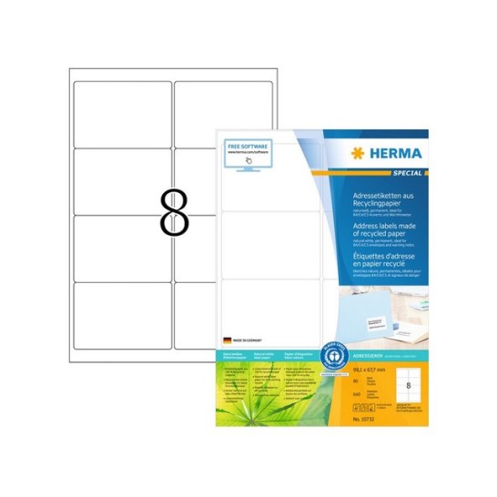 HERMA Etiketten Gerecycled Papier 99.1 x 67.7 mm Wit (1 pak x 640 stuks)