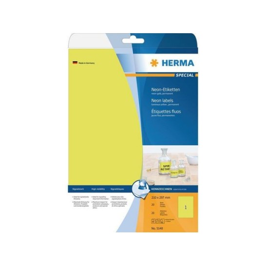 HERMA Gekleurde etiketten 210x297mm neon geel (pak 20 stuks)