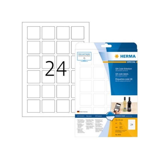 HERMA Permanent QR-code-etiket 40 x 40 mm 25 vellen 24 etiketten per A4-vel ondoorzichtig wit (pak 600 stuks)