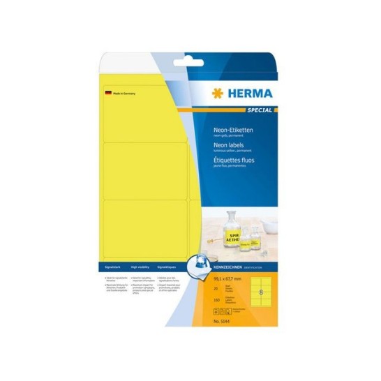 HERMA Permanent papieretiket fluorescerend 991 x 677 mm 20 vellen 8 etiketten per A4-vel neongeel (pak 160 stuks)
