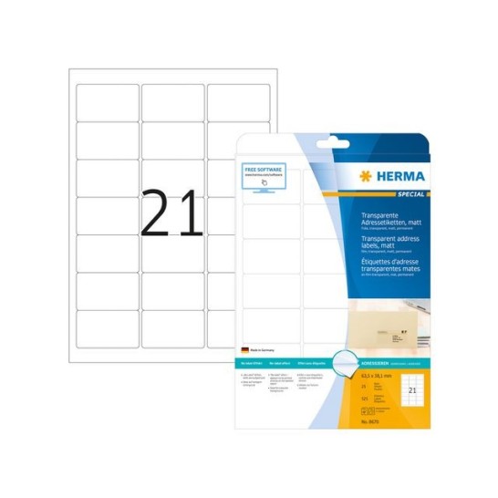 HERMA Permanent polyester adresetiket 635 x 381 mm 25 vellen 21 etiketten per A4-vel transparant (pak 525 stuks)