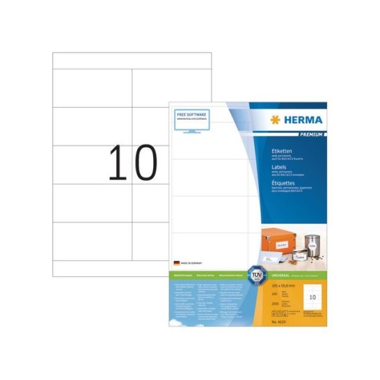 HERMA Premium permanent papieretiket 105 x 508 mm 200 vellen 10 etiketten per A4-vel wit (pak 2000 stuks)