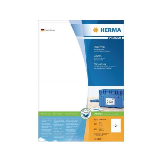 HERMA Premium permanent papieretiket 210 x 148 mm rechte hoek wit (pak 400 stuks)
