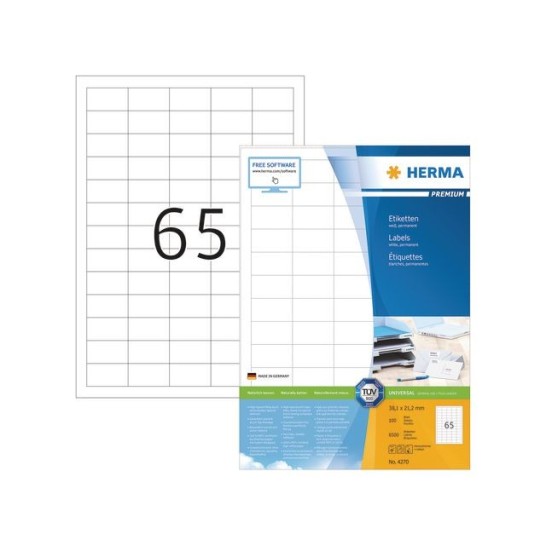 HERMA Premium permanent papieretiket 381 x 212 mm 100 vellen 65 etiketten per A4-vel wit (pak 6500 stuks)