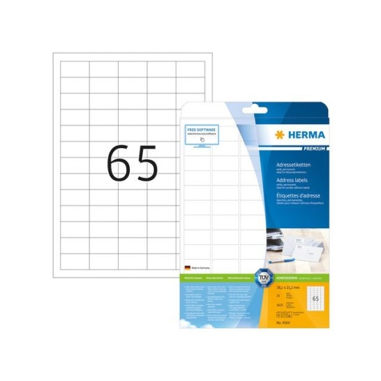 HERMA Premium permanent papieretiket 381 x 212 mm 25 vellen 65 etiketten per A4-vel wit (pak 1625 stuks)
