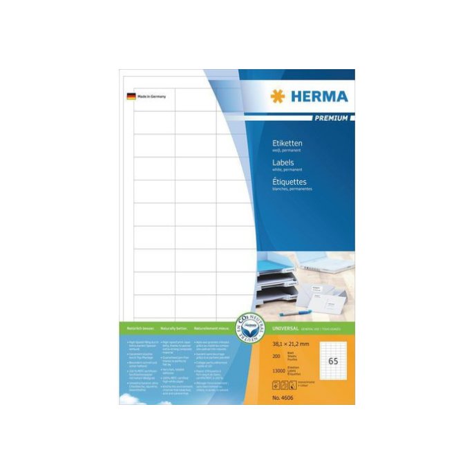 HERMA Premium permanent papieretiket 381 x 212 mm rechte hoek wit (pak 13000 stuks) HERMA Premium permanent papieretiket 381 x 212 mm rechte hoek wit (pak 13000 stuks)
