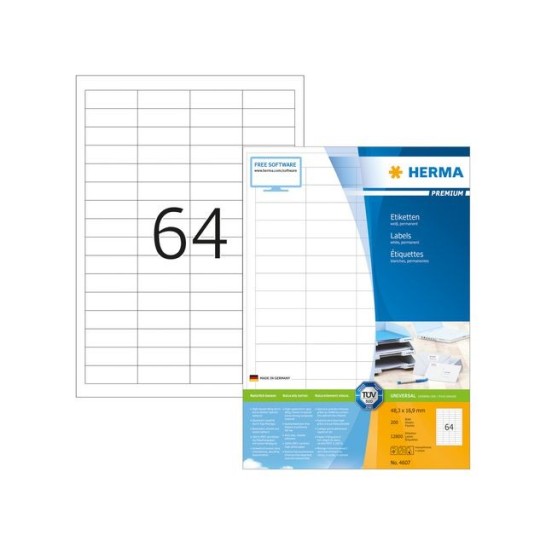 HERMA Premium permanent papieretiket 483 x 169 mm 200 vellen 64 etiketten per A4-vel wit (pak 12800 stuks)