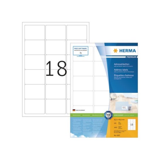 HERMA Premium permanent papieretiket 635 x 466 mm 100 vellen 18 etiketten per A4-vel wit (pak 1800 stuks)