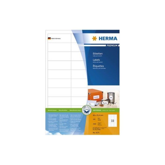 HERMA Premium permanent papieretiket 66 x 254 mm 100 vellen 33 etiketten per A4-vel wit (pak 3300 stuks)