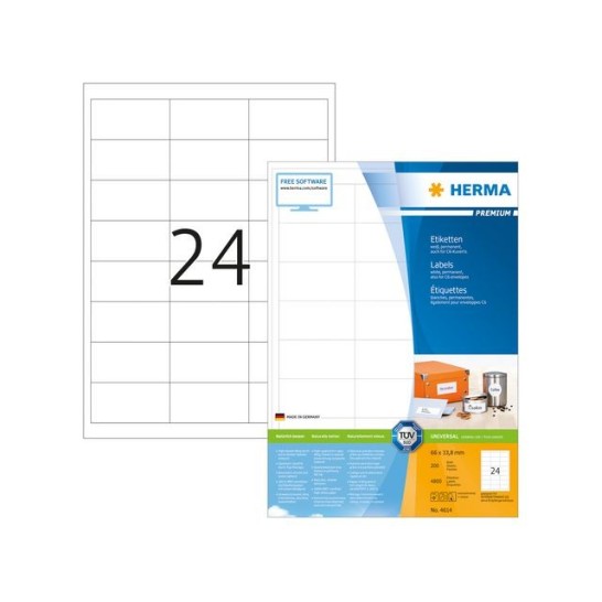 HERMA Premium permanent papieretiket 66 x 338 mm 200 vellen 24 etiketten per A4-vel wit (pak 4800 stuks)