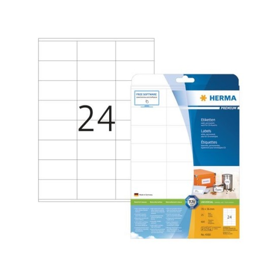 HERMA Premium permanent papieretiket 70 x 36 mm rechte hoek wit (pak 600 stuks)