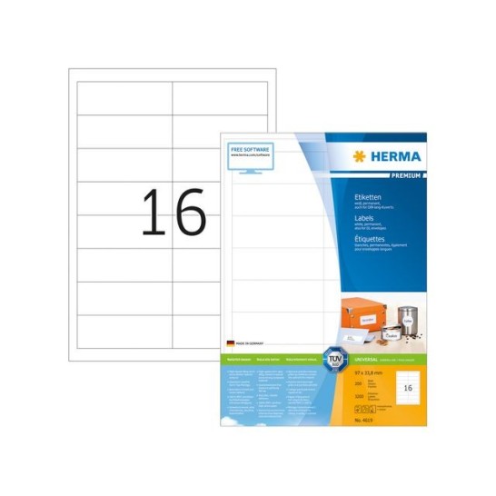 HERMA Premium permanent papieretiket 97 x 338 mm 200 vellen 16 etiketten per A4-vel wit (pak 3200 stuks)