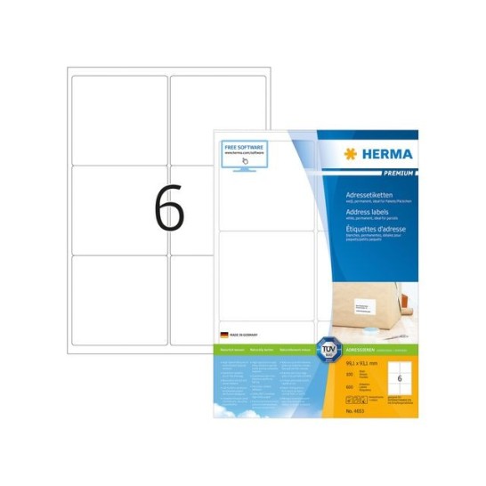 HERMA Premium permanent papieretiket 991 x 931 mm 100 vellen 6 etiketten per A4-vel wit (pak 600 stuks)