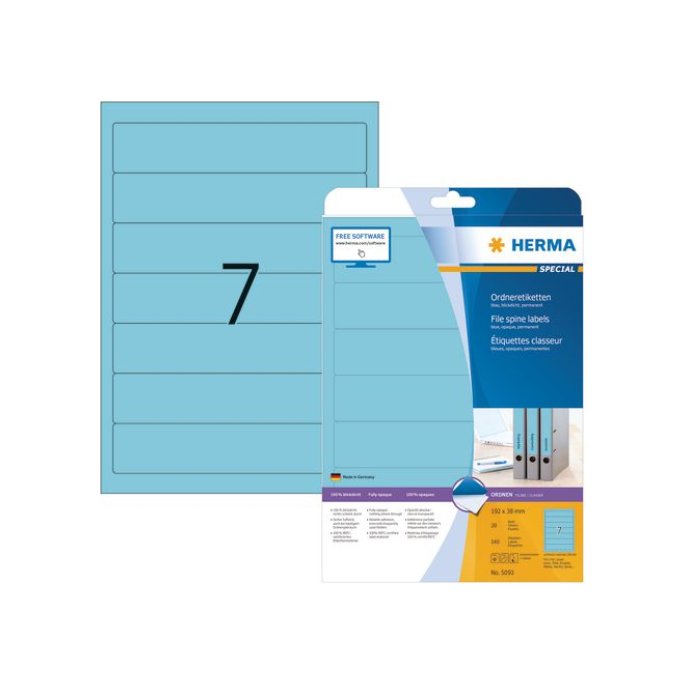 HERMA Rugetiket kort zelfklevend Rugbreedte 50 mm 192 x 38 mm blauw (pak 140 stuks) HERMA Rugetiket kort zelfklevend Rugbreedte 50 mm 192 x 38 mm blauw (pak 140 stuks)