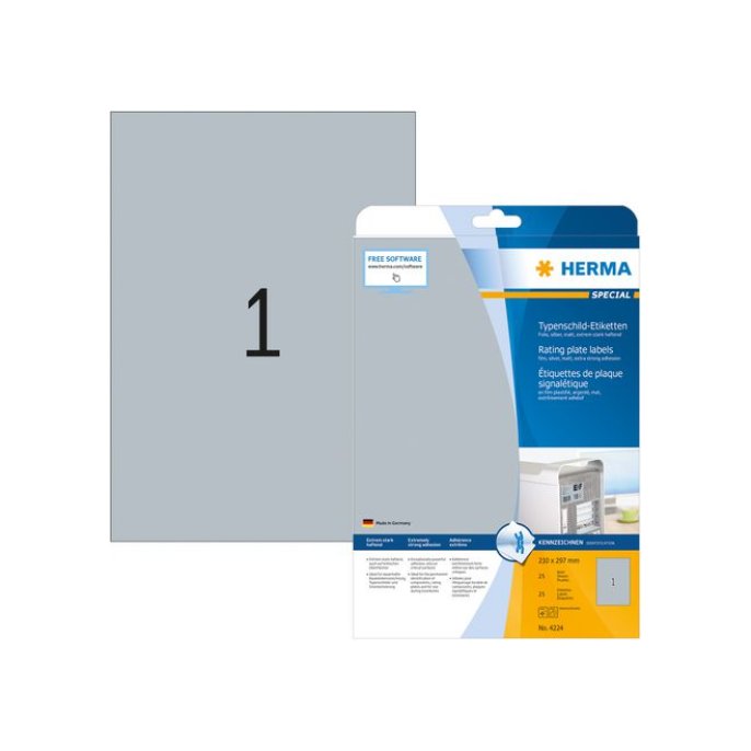 HERMA Typeplaatje-etiketten 210x297 mm zilver matt (pak 25 stuks) HERMA Typeplaatje-etiketten 210x297 mm zilver matt (pak 25 stuks)