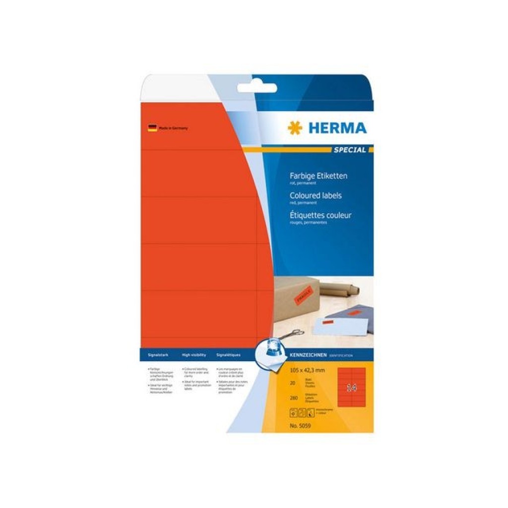 Verantwoordelijk persoon Tegenstander segment HERMA Verwijderbaar gekleurd papieretiket 105 x 423 mm 20 vellen 14  etiketten per A4-vel rood (pak 280 stuks) - Office1 Kantoorartikelen