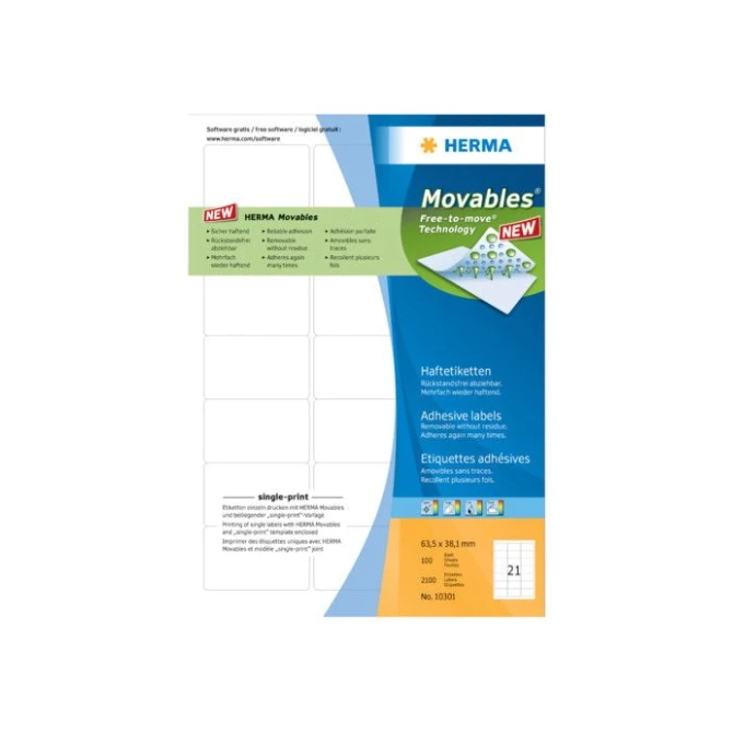 HERMA Adresetiket A4 Afneembaar 63.5 x 38.1 mm 21 etiketten per vel (100 vel) (pak 2100 stuks) HERMA Adresetiket A4 Afneembaar 63.5 x 38.1 mm 21 etiketten per vel (100 vel) (pak 2100 stuks)