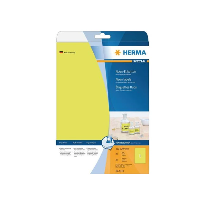 HERMA Gekleurde etiketten 210x297mm neon geel (pak 20 stuks) HERMA Gekleurde etiketten 210x297mm neon geel (pak 20 stuks)