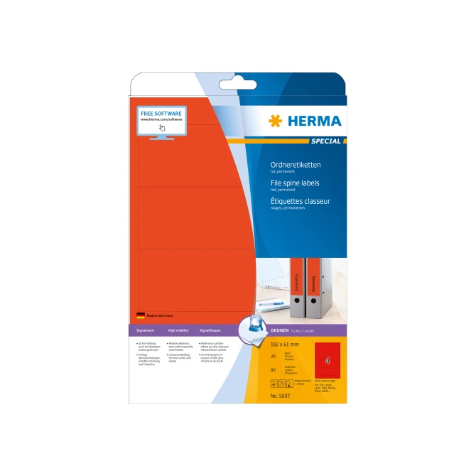 Herma Ordneretiketten 192x61 mm rood (pak 80 stuks) Herma Ordneretiketten 192x61 mm rood (pak 80 stuks)