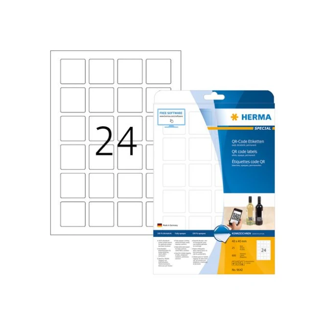 HERMA Permanent QR-code-etiket 40 x 40 mm 25 vellen 24 etiketten per A4-vel ondoorzichtig wit (pak 600 stuks) HERMA Permanent QR-code-etiket 40 x 40 mm 25 vellen 24 etiketten per A4-vel ondoorzichtig wit (pak 600 stuks)
