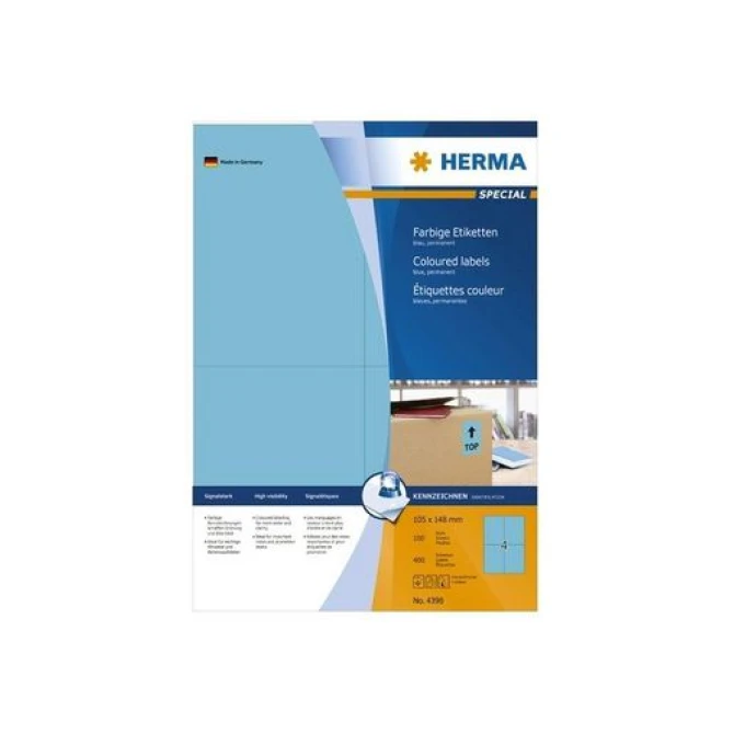 HERMA Permanent gekleurd papieretiket 105 x 148 mm 100 vellen 4 etiketten per A4-vel blauw (pak 400 stuks) HERMA Permanent gekleurd papieretiket 105 x 148 mm 100 vellen 4 etiketten per A4-vel blauw (pak 400 stuks)