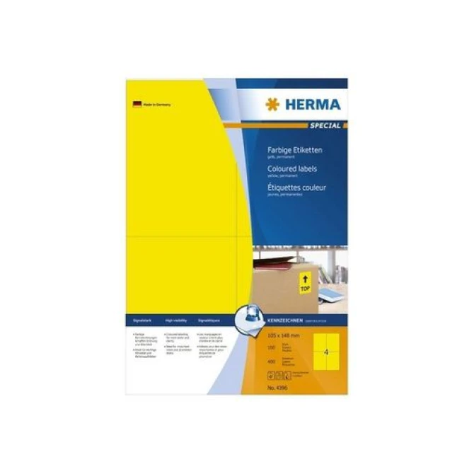 HERMA Permanent gekleurd papieretiket 105 x 148 mm 100 vellen 4 etiketten per A4-vel geel (pak 400 stuks)