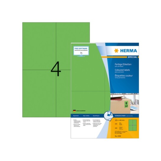 Herma Permanent gekleurd papieretiket 105 x 148 mm 100 vellen 4 etiketten per A4-vel groen (pak 400 stuks)