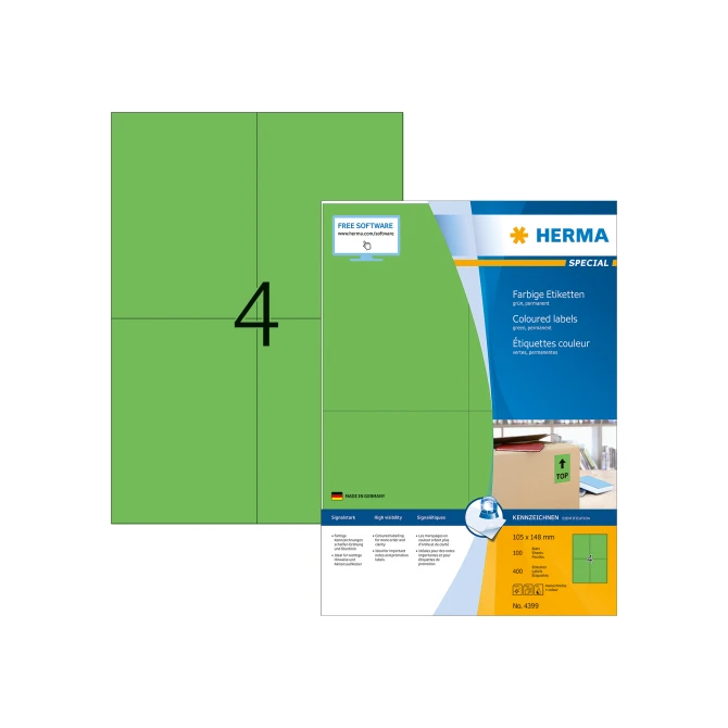 Herma Permanent gekleurd papieretiket 105 x 148 mm 100 vellen 4 etiketten per A4-vel groen (pak 400 stuks) Herma Permanent gekleurd papieretiket 105 x 148 mm 100 vellen 4 etiketten per A4-vel groen (pak 400 stuks)