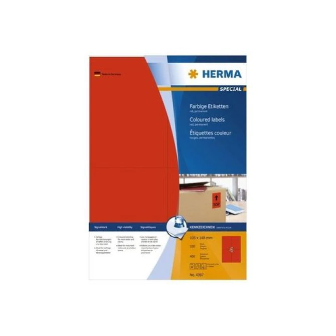HERMA Permanent gekleurd papieretiket 105 x 148 mm 100 vellen 4 etiketten per A4-vel rood (pak 400 stuks) HERMA Permanent gekleurd papieretiket 105 x 148 mm 100 vellen 4 etiketten per A4-vel rood (pak 400 stuks)