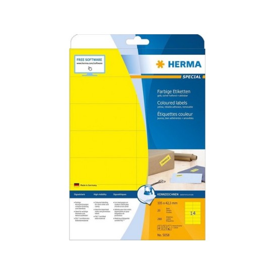 Herma Permanent gekleurd papieretiket 105 x 37 mm 100 vellen 16 etiketten per A4-vel geel (pak 1600 stuks)