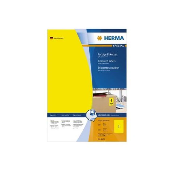 HERMA Permanent gekleurd papieretiket 210 x 297 mm 100 vellen 1 etiket per A4-vel geel (pak 100 stuks) HERMA Permanent gekleurd papieretiket 210 x 297 mm 100 vellen 1 etiket per A4-vel geel (pak 100 stuks)