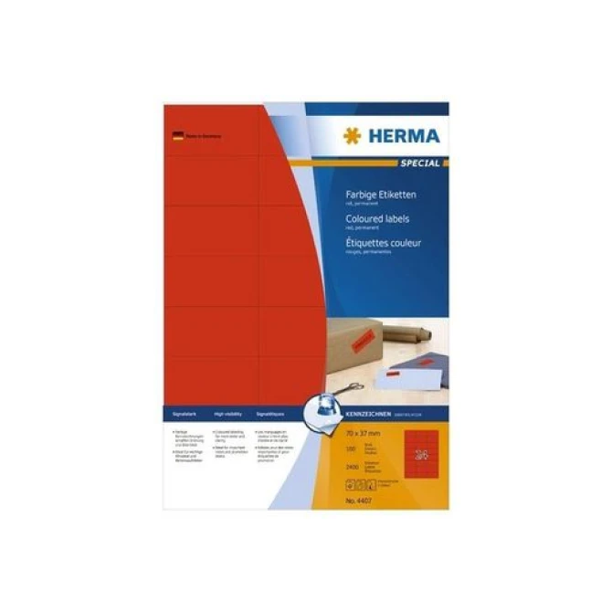 HERMA Permanent gekleurd papieretiket 70 x 37 mm 100 vellen 24 etiket per A4-vel rood (pak 2400 stuks)