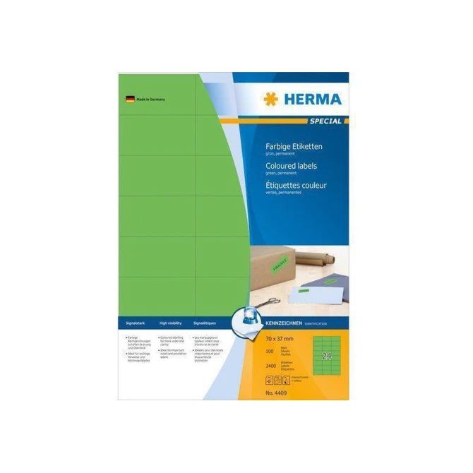 Herma Permanent gekleurd papieretiket 70 x 37 mm 100 vellen 24 etiketten per A4-vel groen (pak 2400 stuks) Herma Permanent gekleurd papieretiket 70 x 37 mm 100 vellen 24 etiketten per A4-vel groen (pak 2400 stuks)