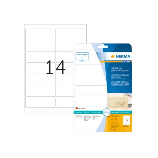 HERMA Permanent polyester adresetiket 991 x 381 mm 25 vellen 14 etiketten per A4-vel transparant (pak 350 stuks) HERMA Permanent polyester adresetiket 991 x 381 mm 25 vellen 14 etiketten per A4-vel transparant (pak 350 stuks)