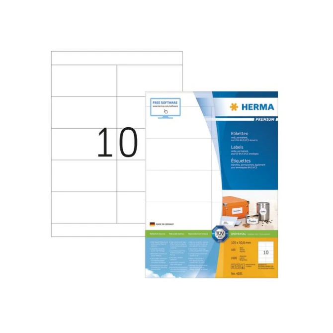HERMA Premium permanent papieretiket 105 x 508 mm 100 vellen 10 etiketten per A4-vel wit (pak 1000 stuks)